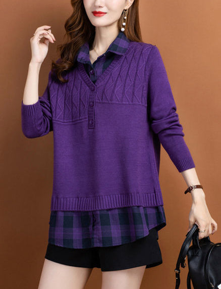 Women's V Neck Plaid Layered Look Knit Pullover Tops