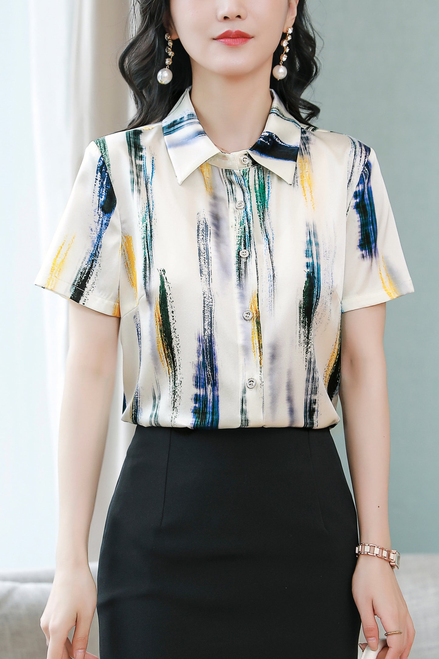 Women's Stain Floral Print Blouse Short Sleeve Tops