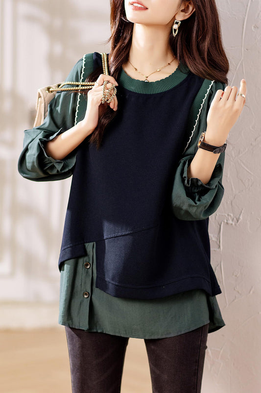 Casual Patchwork Pullover Loose Blouse Tops - LAI MENG FIVE CATS