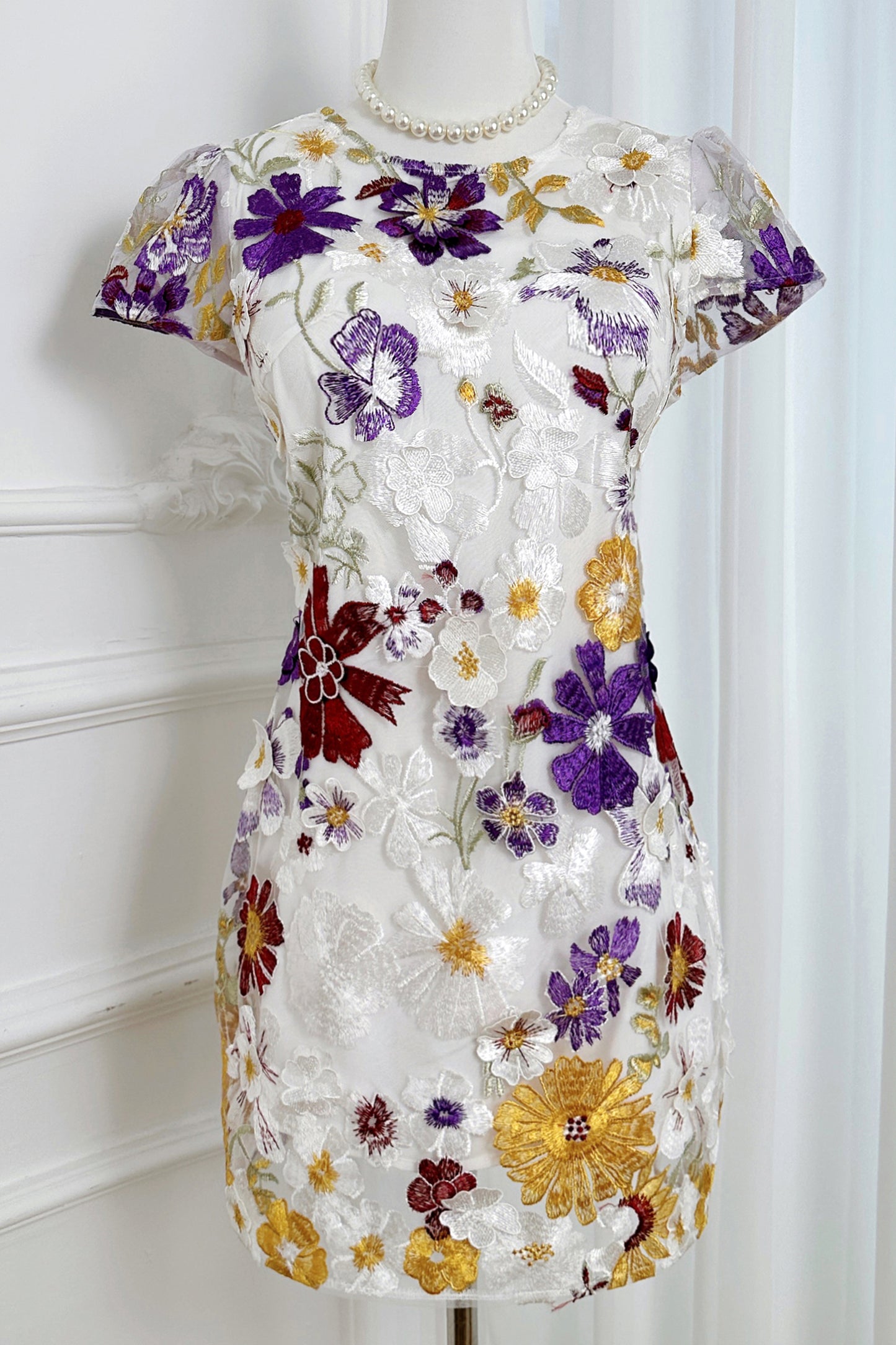 Women's 3D Floral Embroidery Mesh Lace Mini Dress