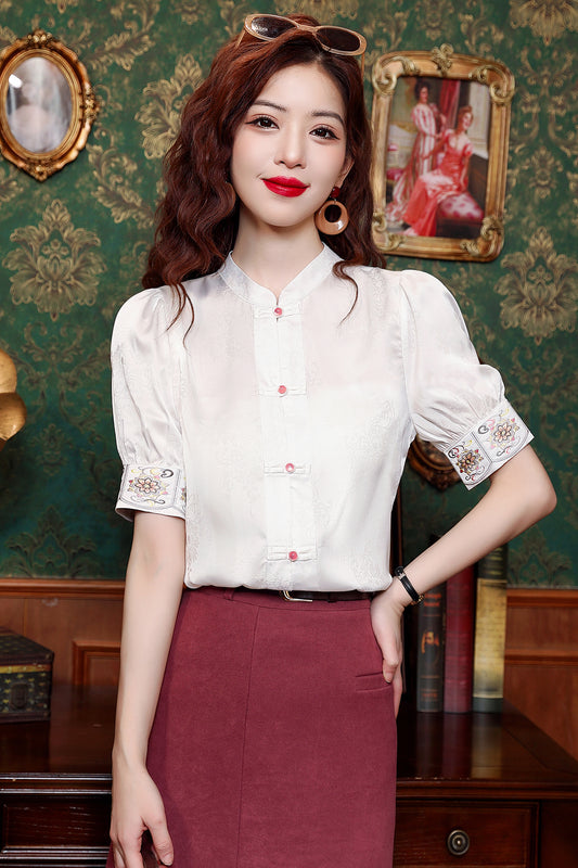 Women's Silk Satin Embroidery Jacquard Blouse Tops