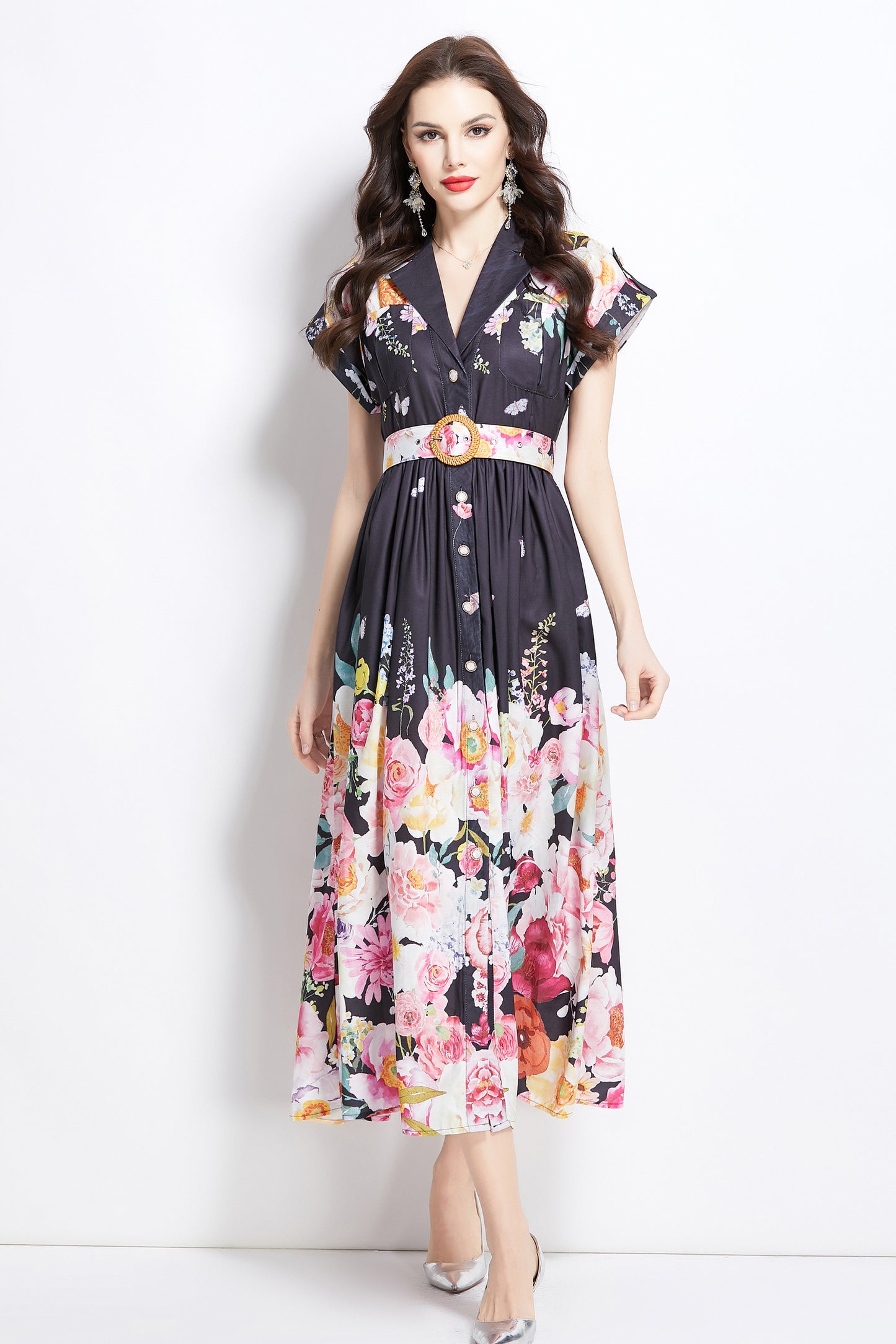 Women's Lapel V-Neck Floral Print Maxi Dress
