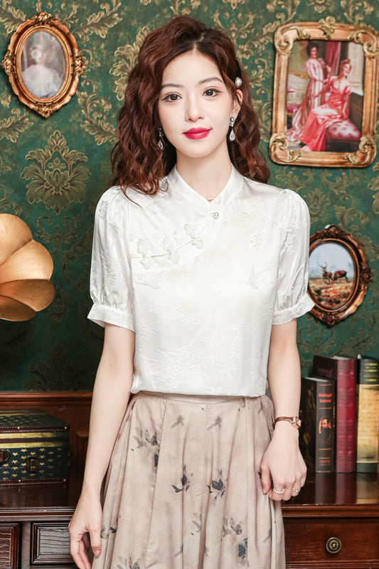 Women's Silk Satin Tops Button Jacquard Blouse