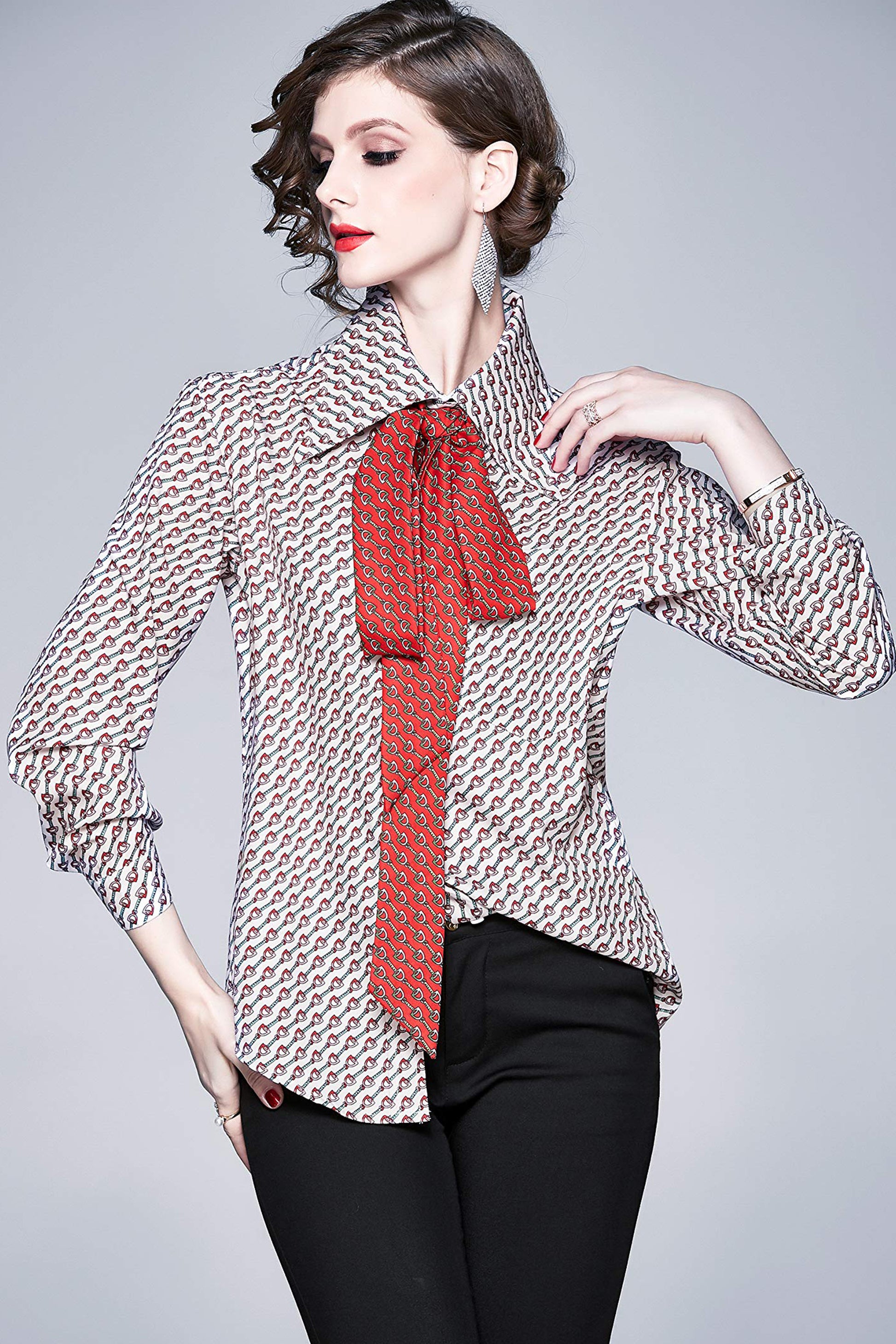 BK-Tie Neck Print Long Sleeve Blouse Top - LAI MENG FIVE CATS