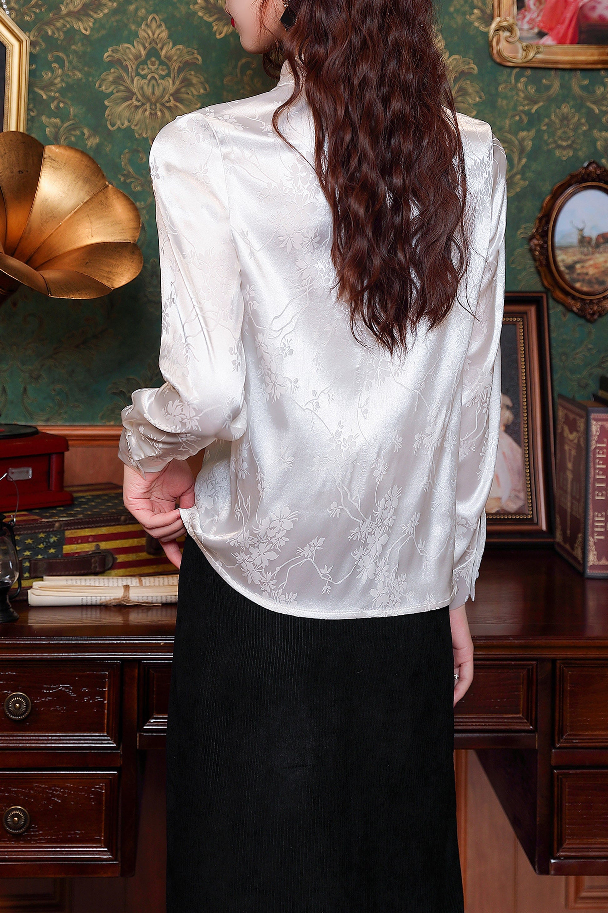 Women's Vintage chinese Silk Satin Top Embroidery Jacquard Blouses - LAI MENG FIVE CATS