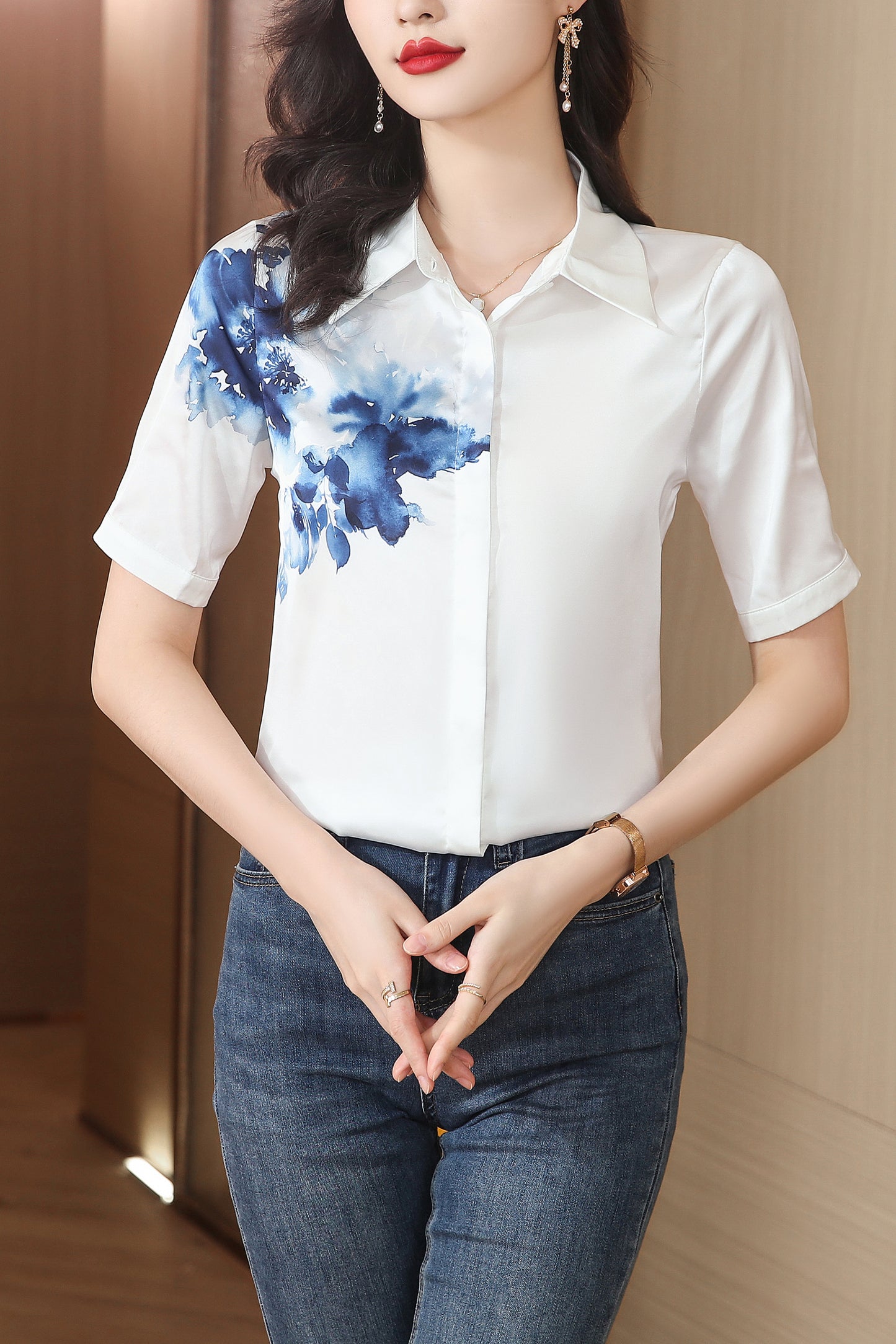 Women's Collared Floral Print Blouse Short Sleeve Tops