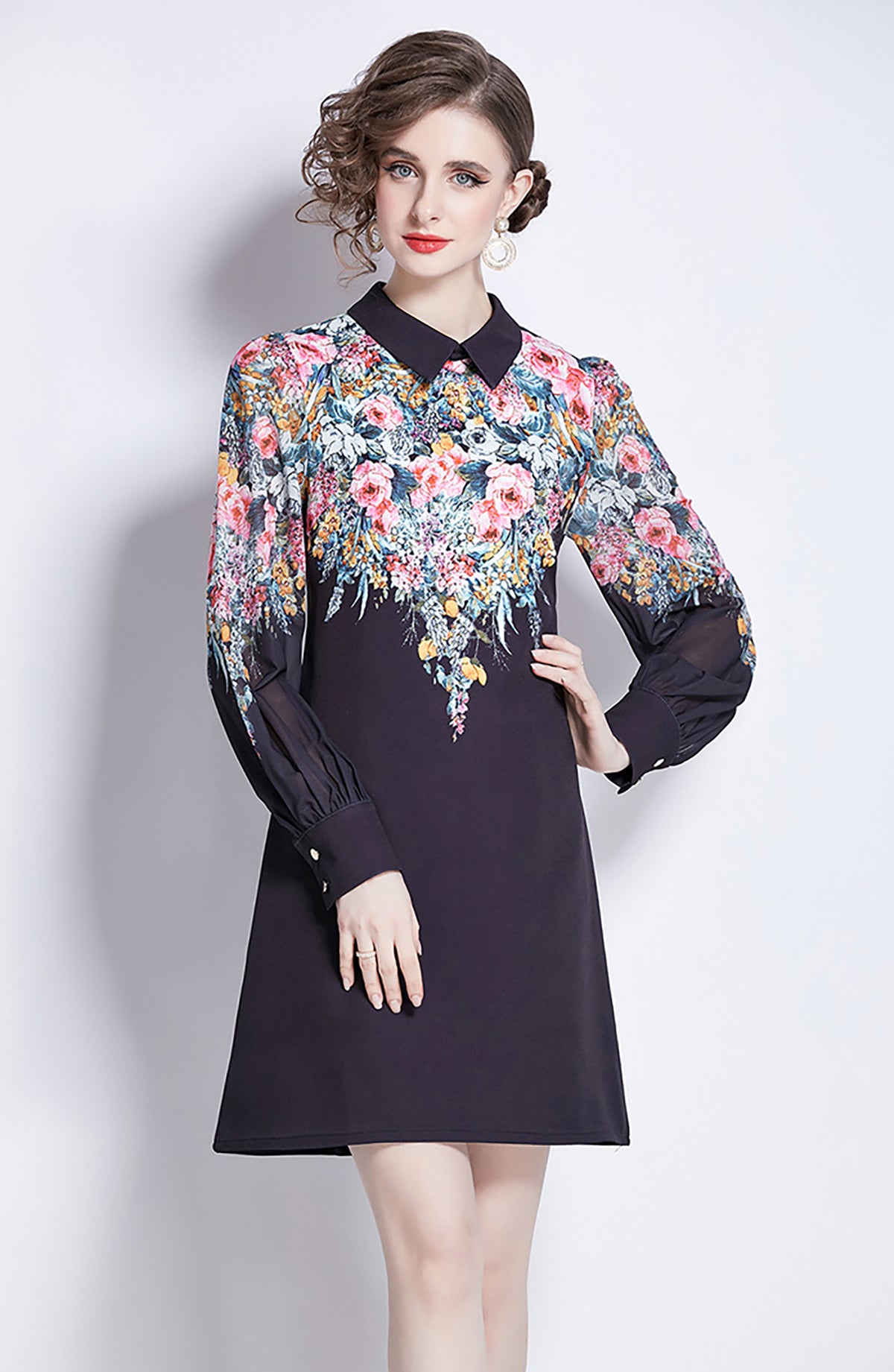 Black Floral Mini Dress with Chiffon Sleeves and Collar - LAI MENG FIVE CATS
