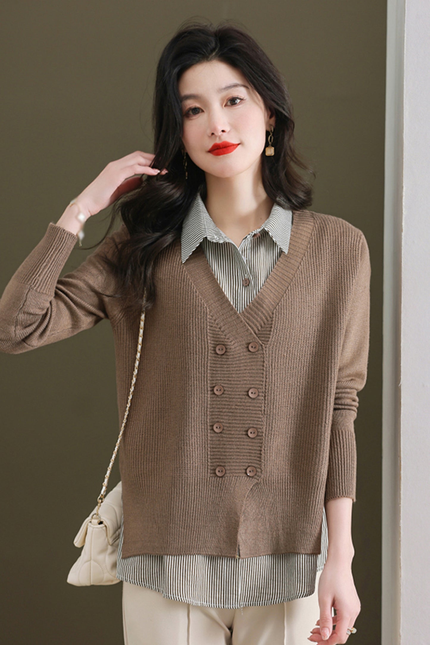 Women's Casual Patchwork Shirt Collar Long Sleeve Cotton Pullover Tops - LAI MENG FIVE CATS