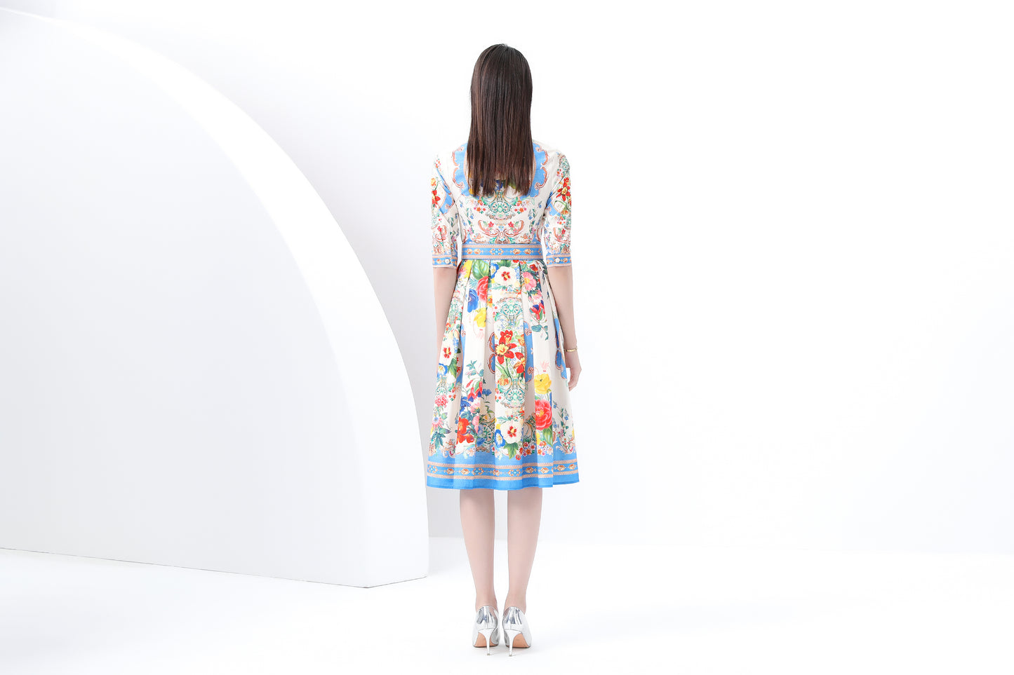 Women's Print Button Collar Short Sleeve Midi Dress