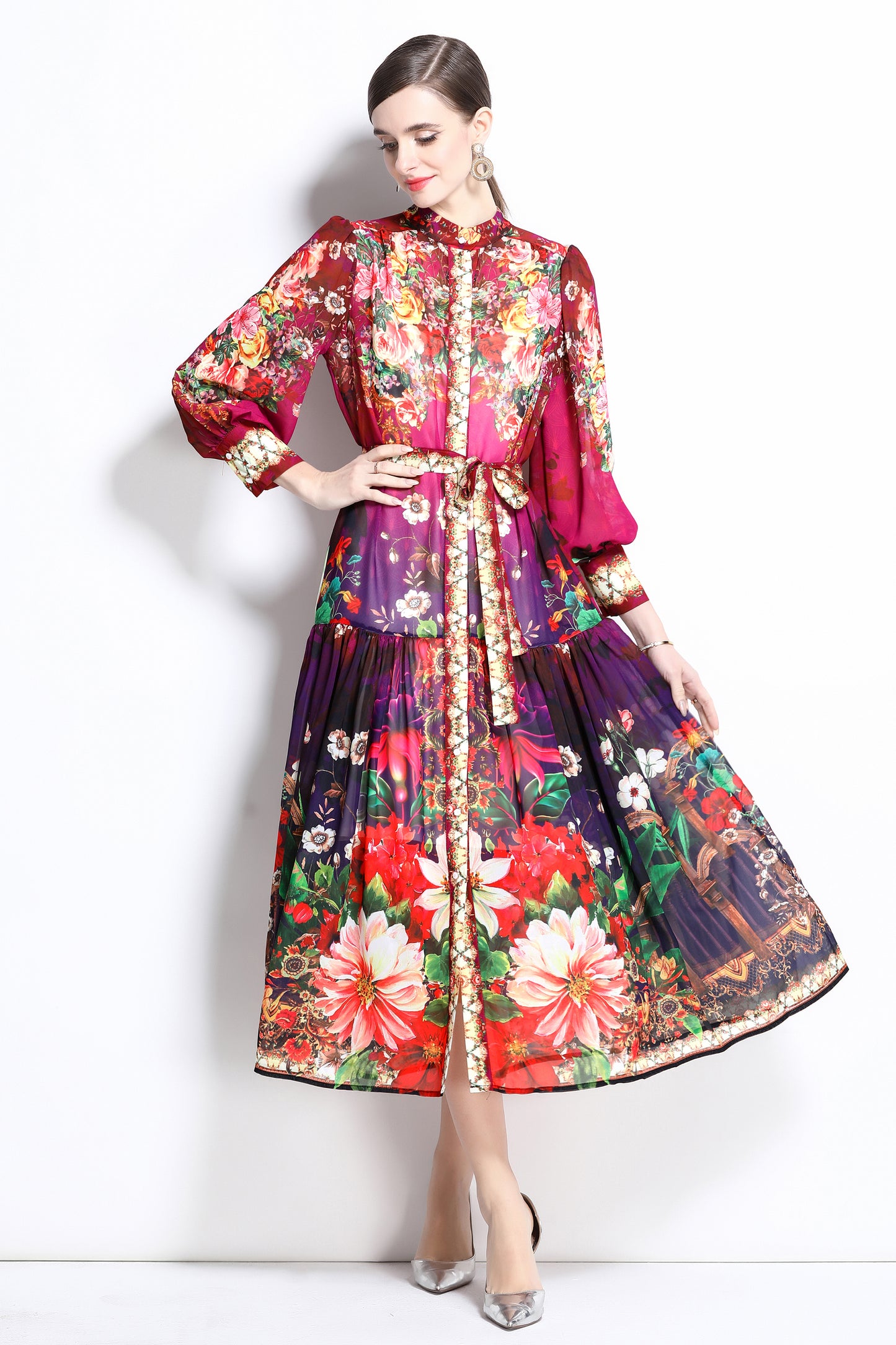 Women Floral Print Puff Sleeve Split Sheer Maxi Dress