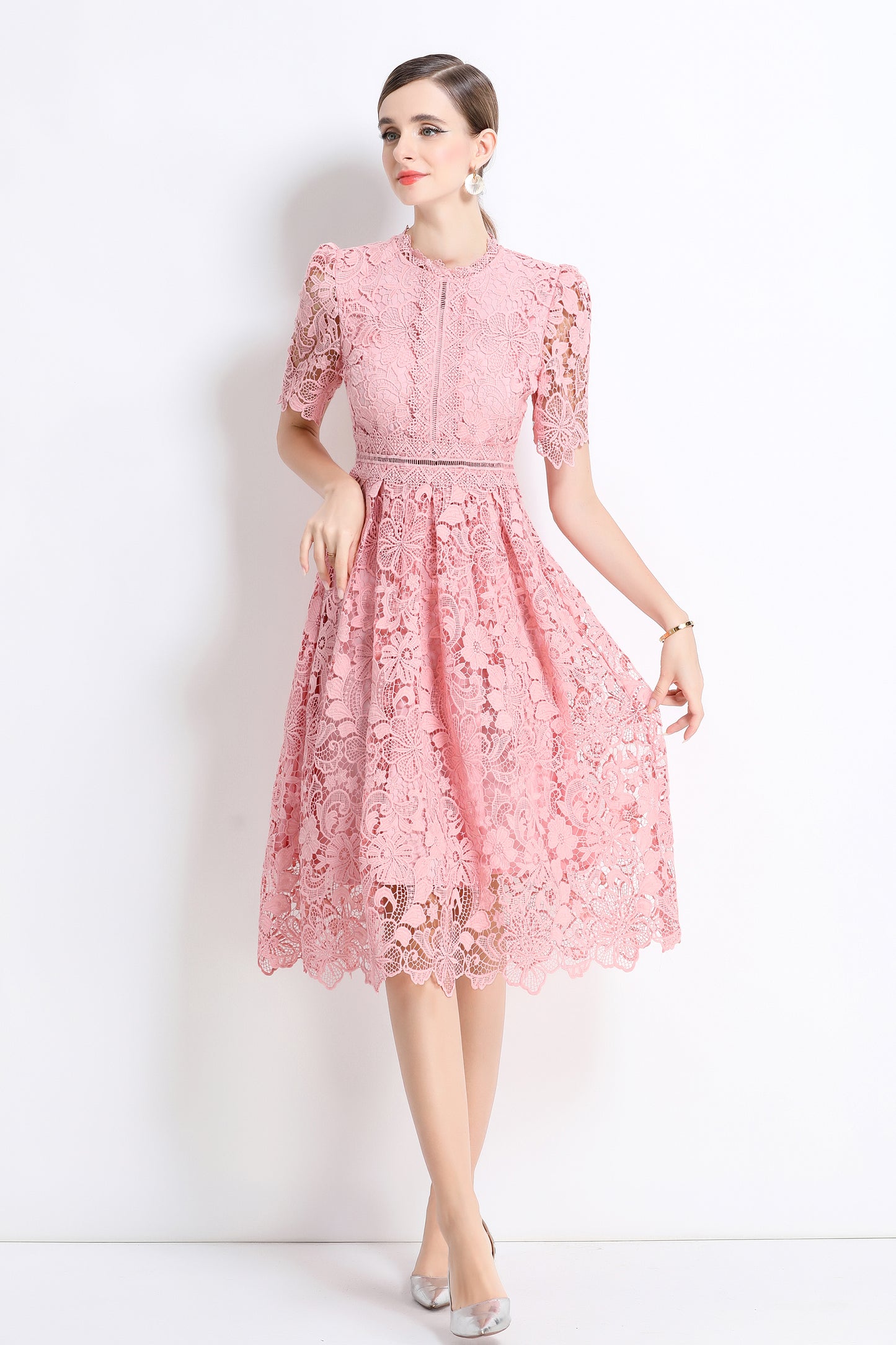 Women's Lace Floral Crochet Waist Midi Dress