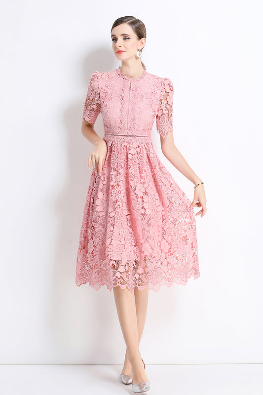 Women's Lace Floral Crochet Waist Midi Dress