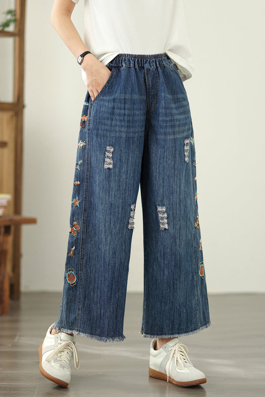 Women's Embroidery Wide Leg Denim Fringe Jeans