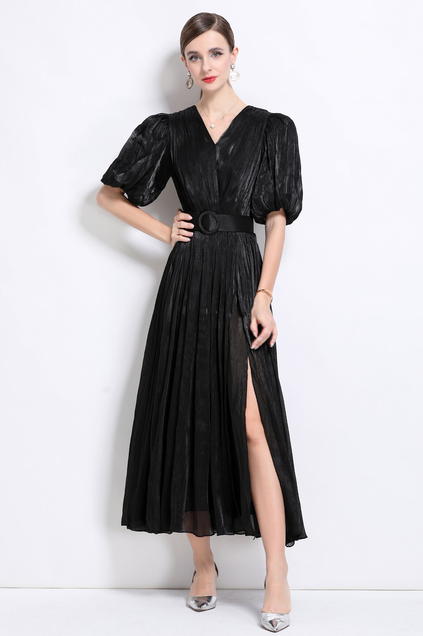 Women V-Neck Puff Sleeve Side Split Maxi Dress