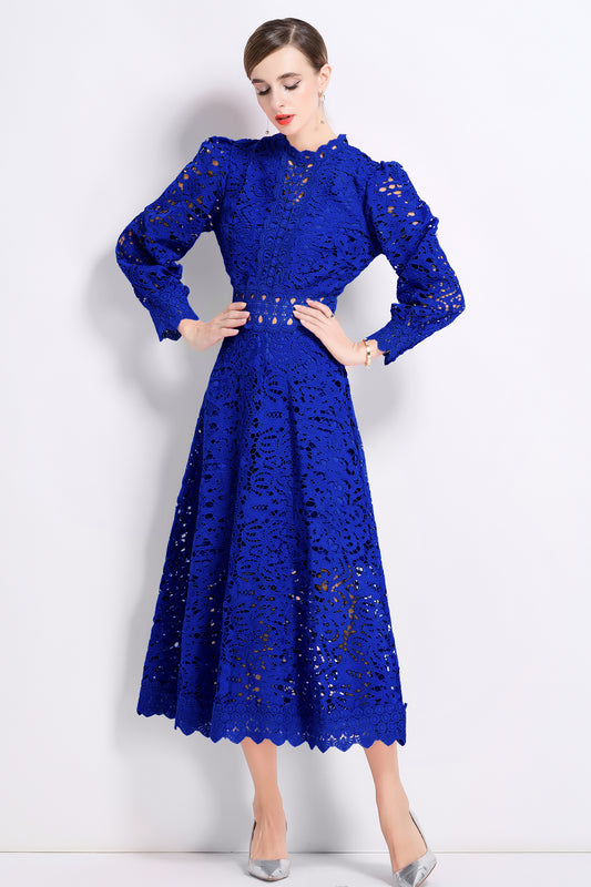 Women's Puff Long Sleeve Hollow Lace Maxi Dress