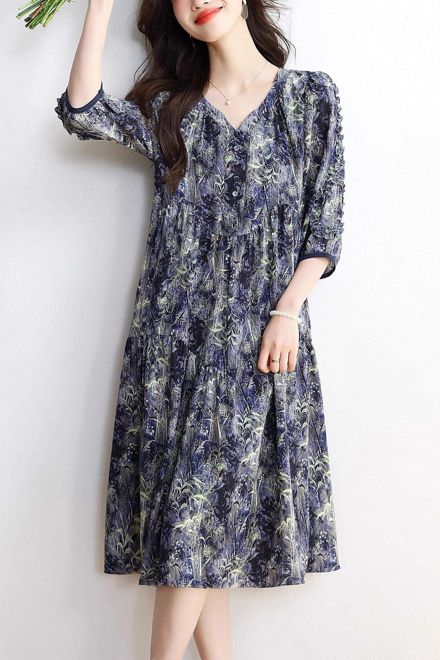 Women's 1/2 Sleeve Floral Print V-Neck Midi Dress