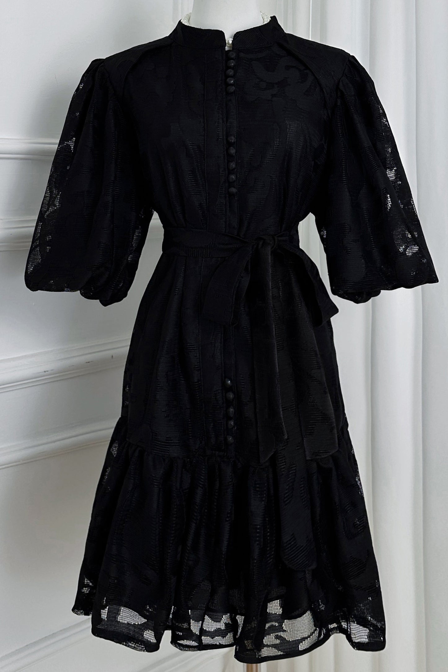 Women's Lace Puff Sleeve Ruffle Loose Mini Dress