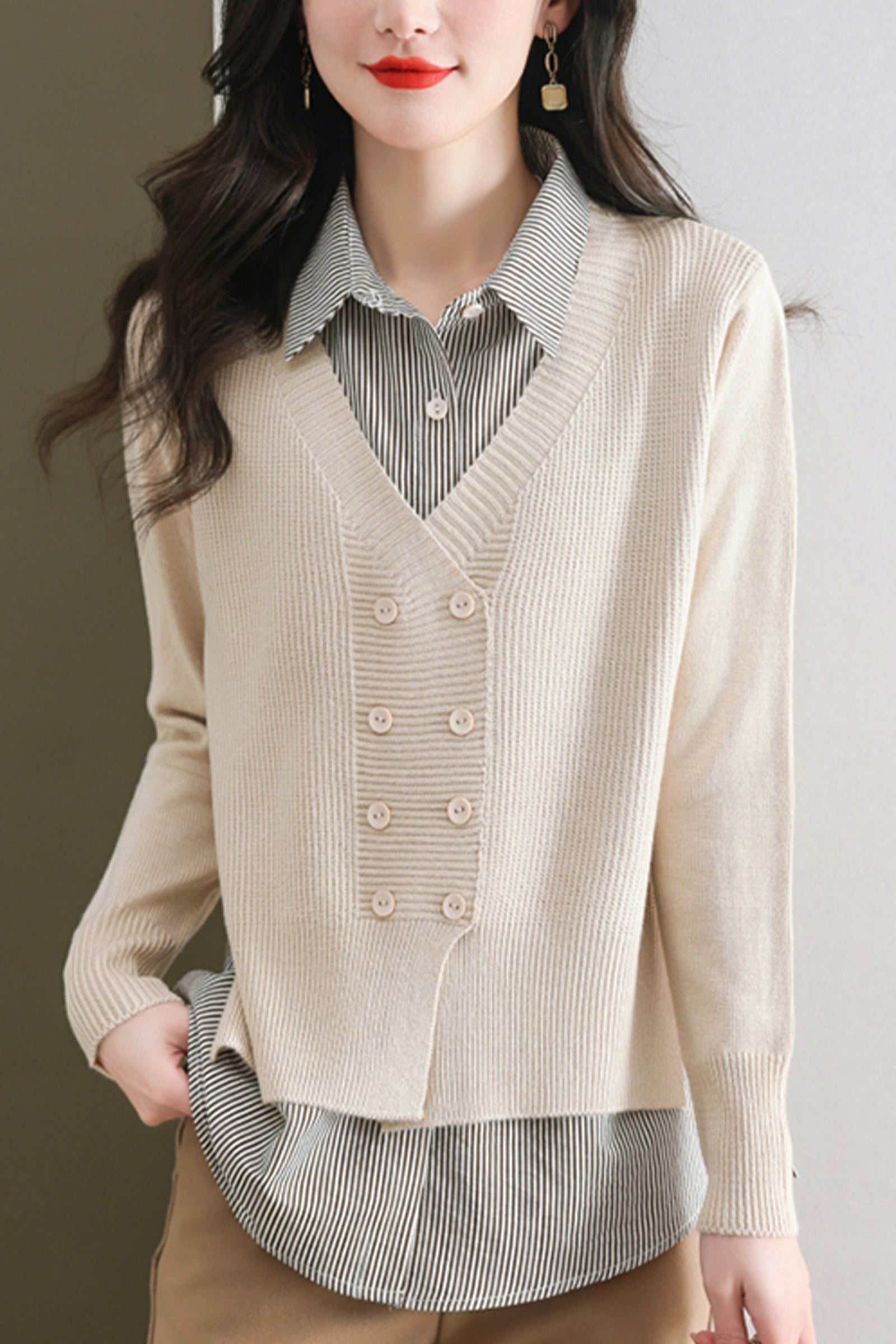 Women's Casual Patchwork Shirt Collar Long Sleeve Cotton Pullover Tops - LAI MENG FIVE CATS