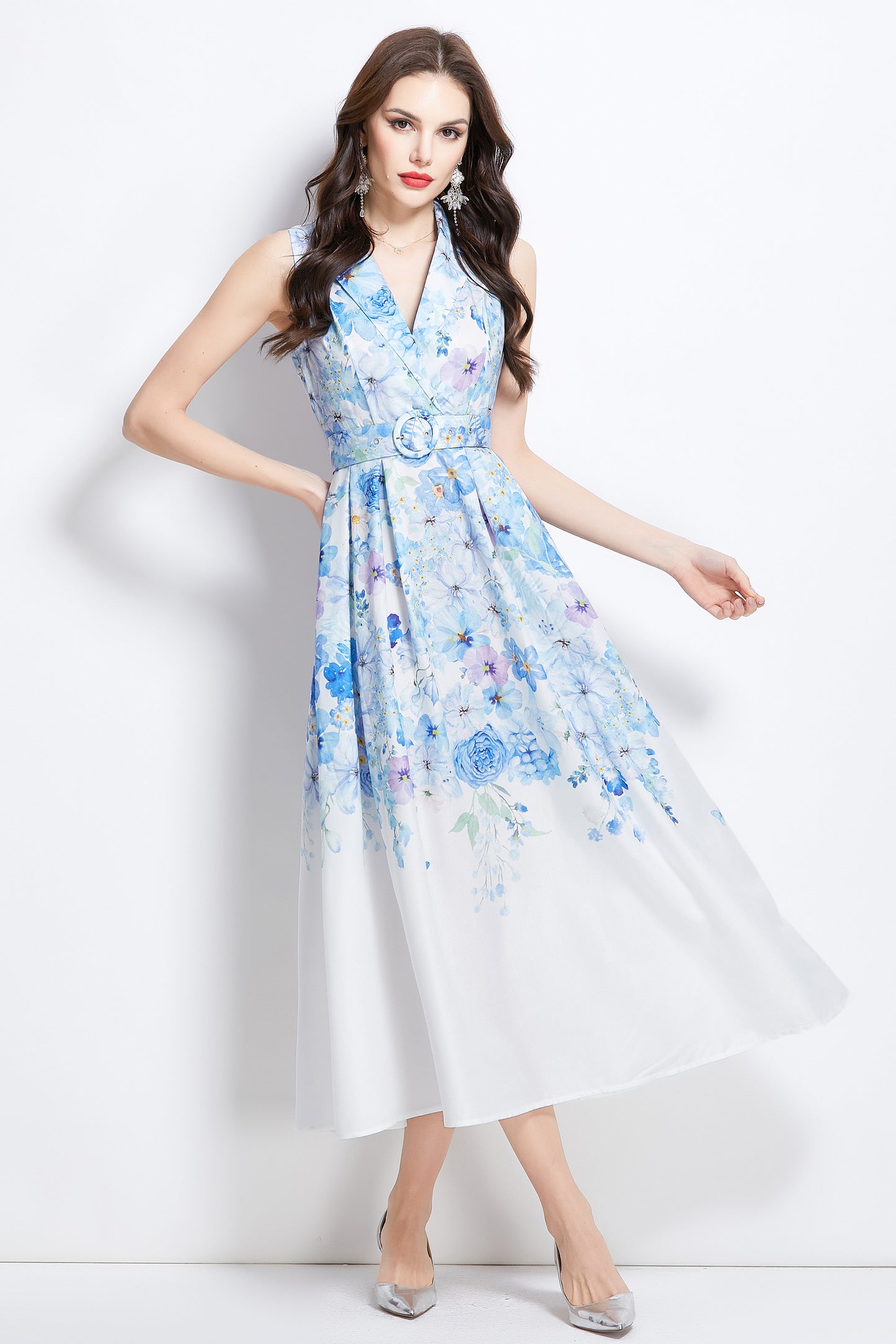Women's Floral Print Sleeveless V Neck Maxi Dress