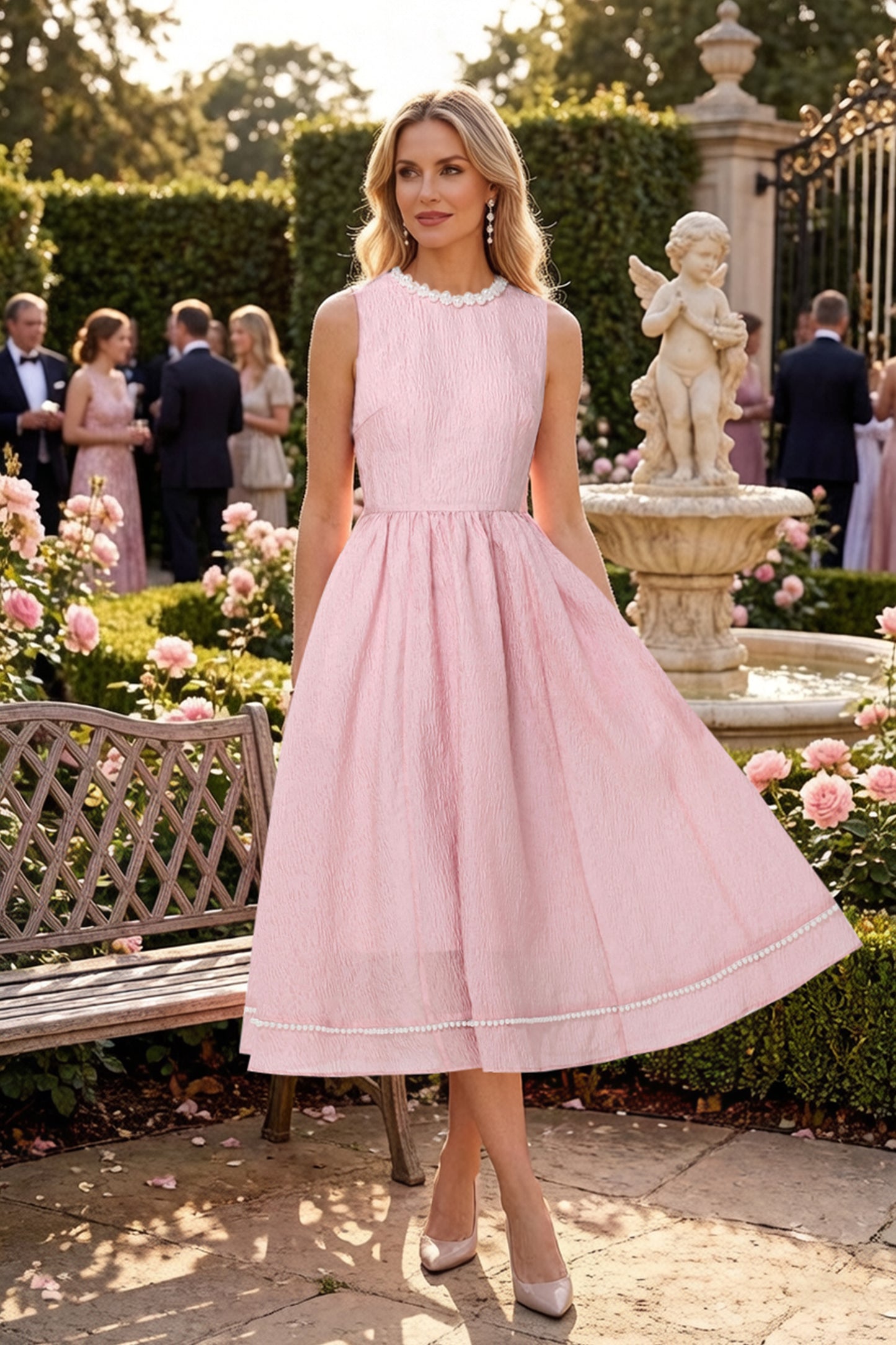 Elegant Pearl Trim A-Line Midi Dress - LAI MENG FIVE CATS