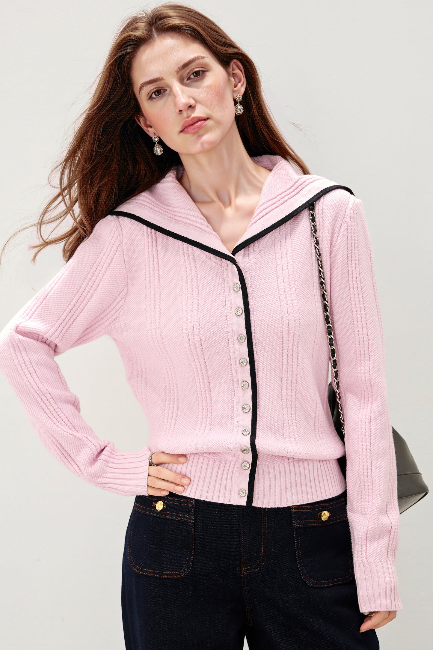 Women's Sailor Collar Long Sleeve Stripe Cardigan Sweater