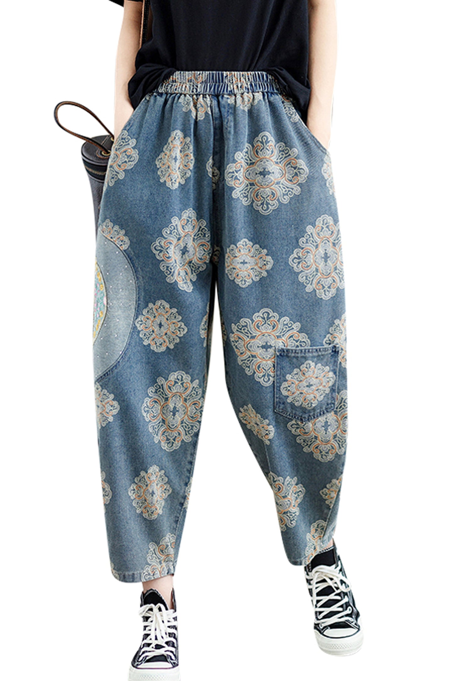 Women's Baggy Jeans Pattern Elastic Waist Casual Harem Pants With Pockets - LAI MENG FIVE CATS