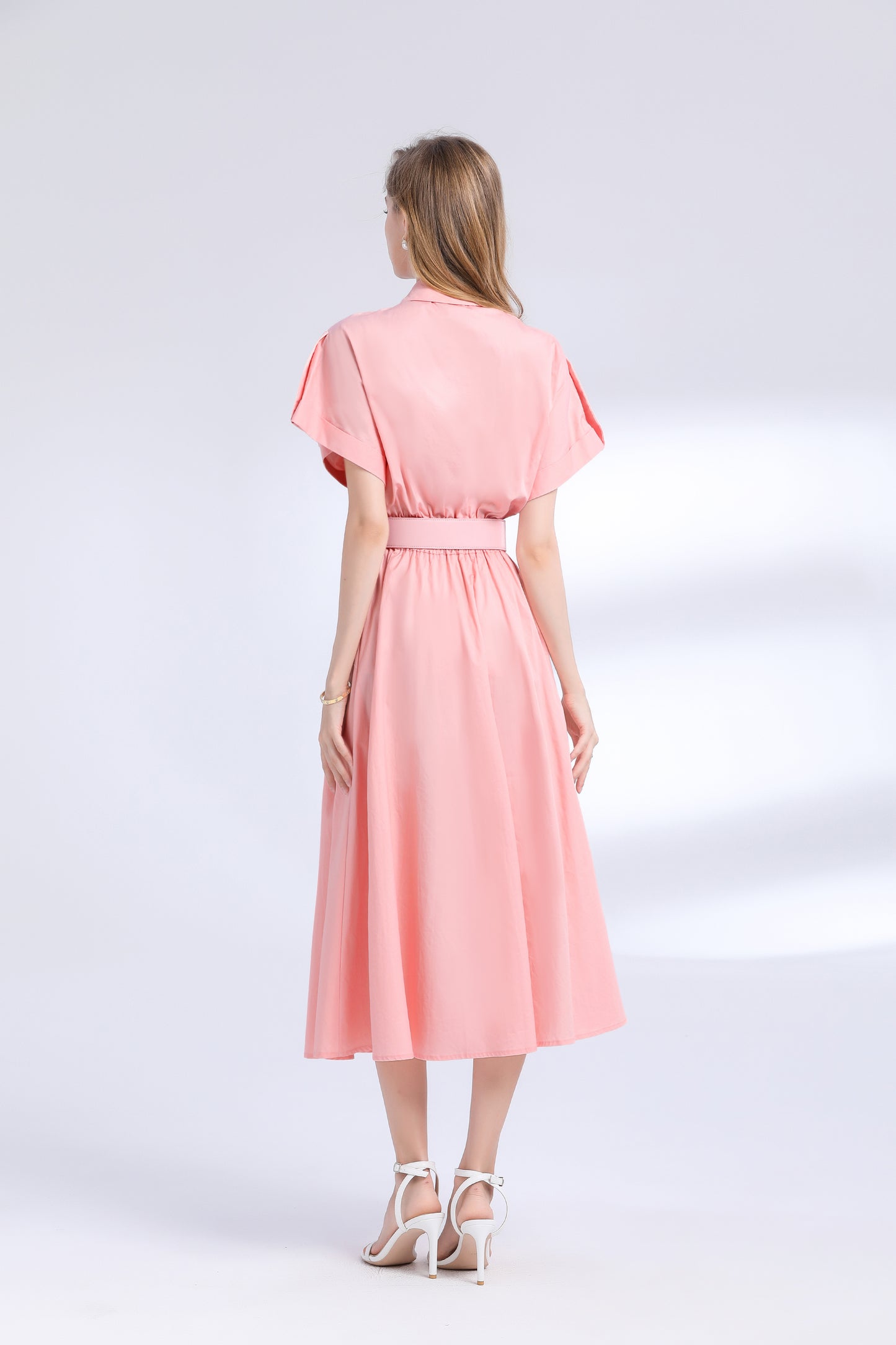 Women's Lace Collar Short Sleeves Pocket Midi Dress