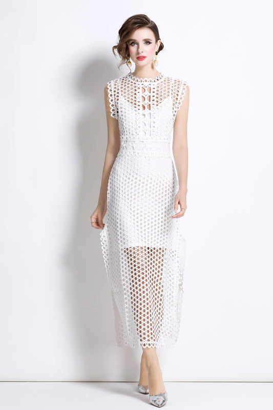 Women's Lace Eyelet Sleeveless Split Midi Dress