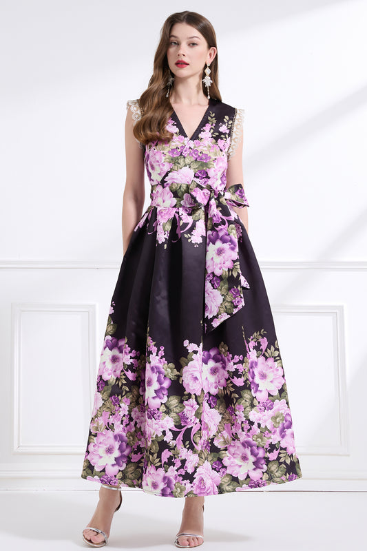 Women's Wrap Floral V-Neck Lace Maxi Dress