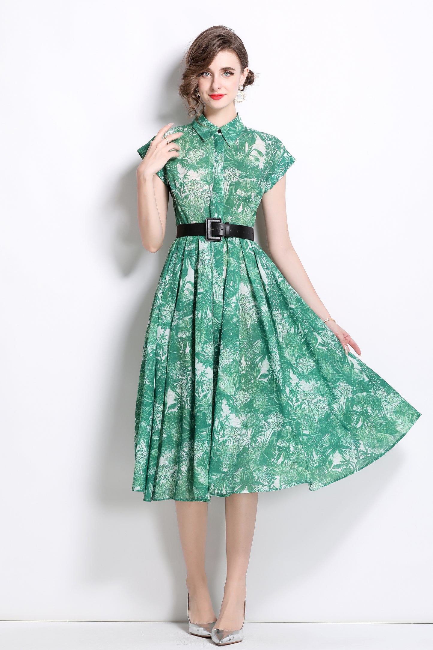 Women's Short Sleeves Collar Printed Buttons Midi Dress