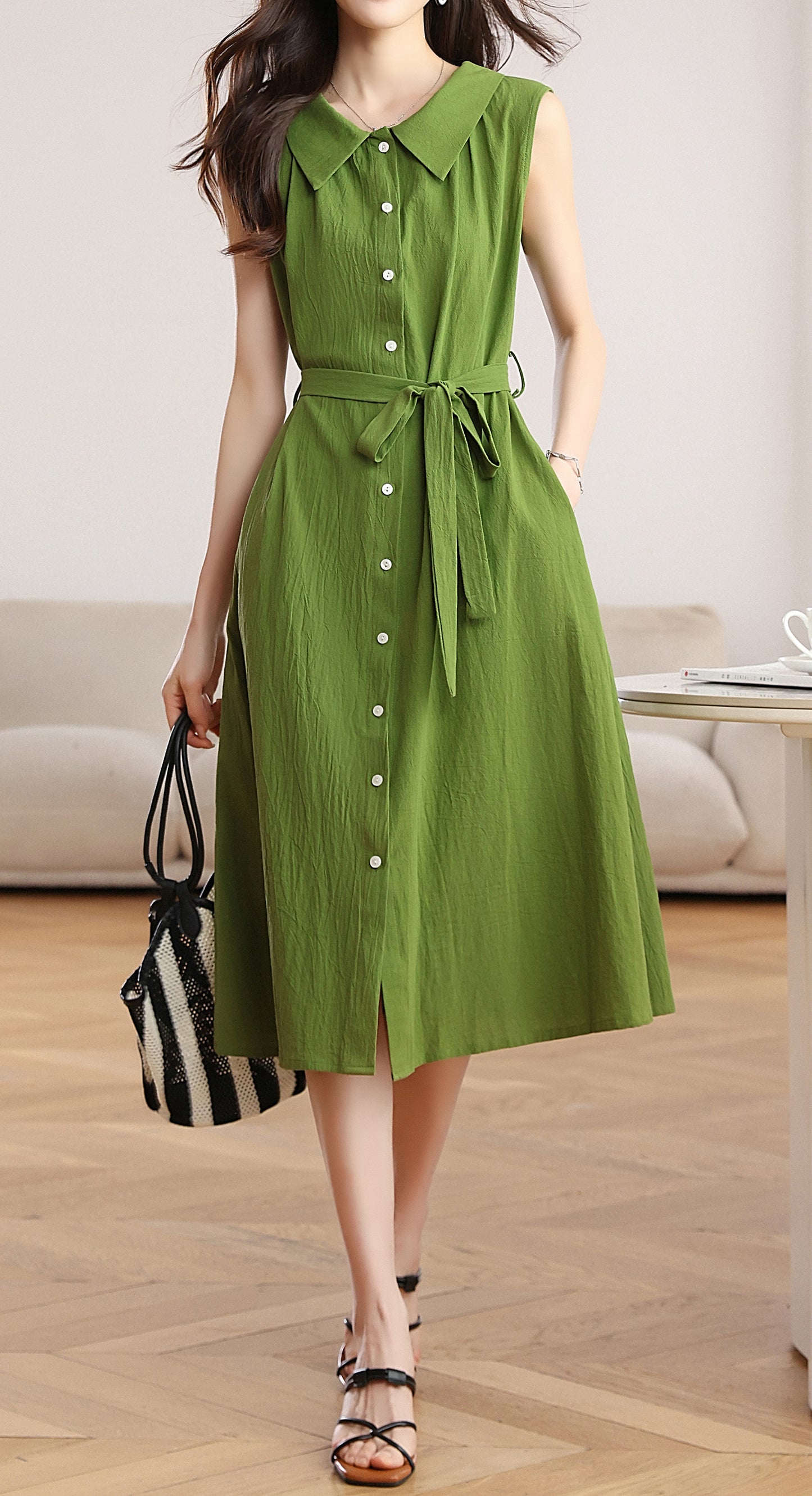 Green Sleeveless Button Front Belted Midi Dress with Pockets