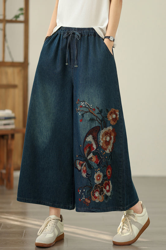 Women's Embroidery Elastic Waist Wide Leg Denim Pants