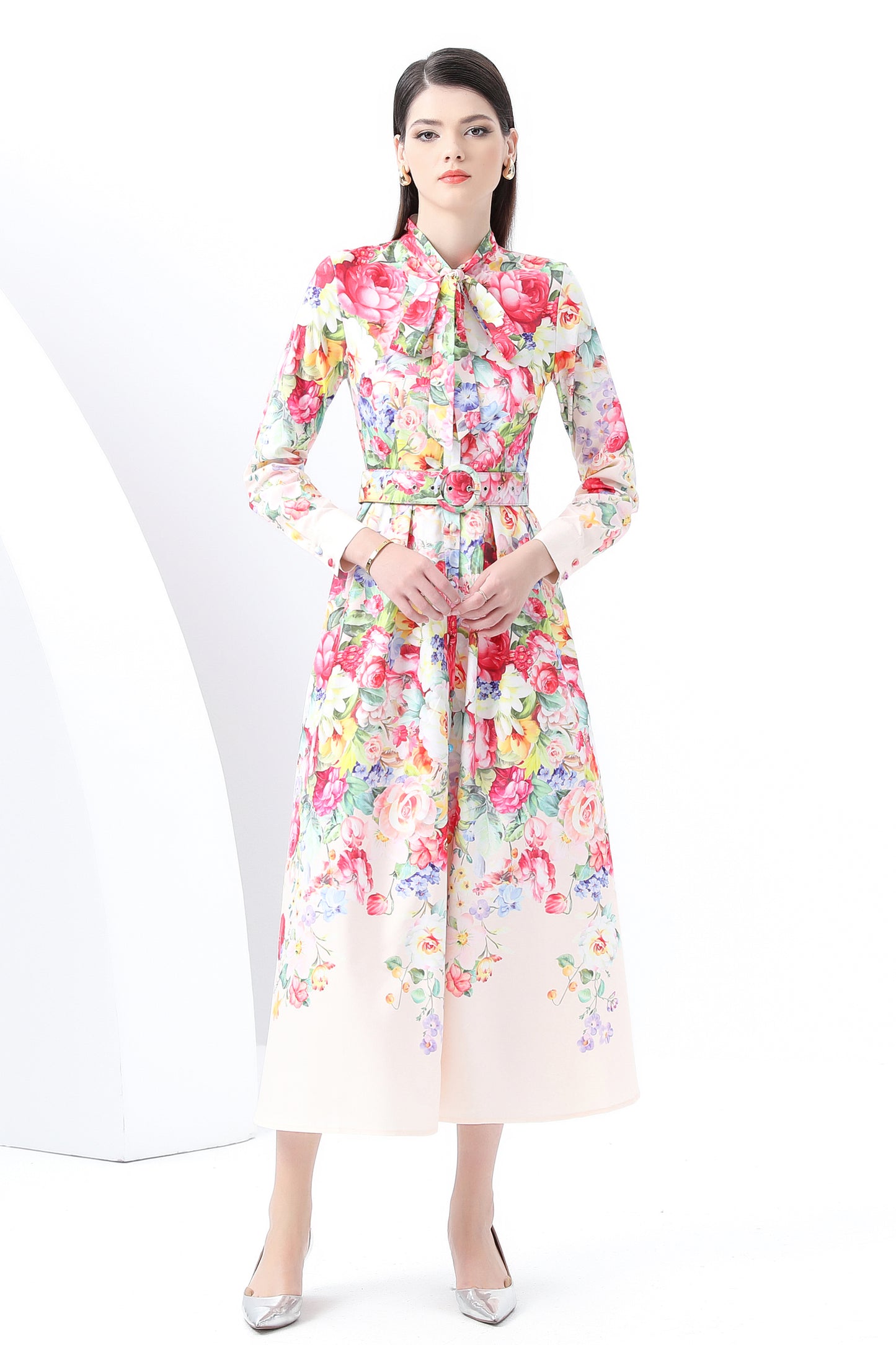 BK-Floral print Tie Neck Maxi Dress