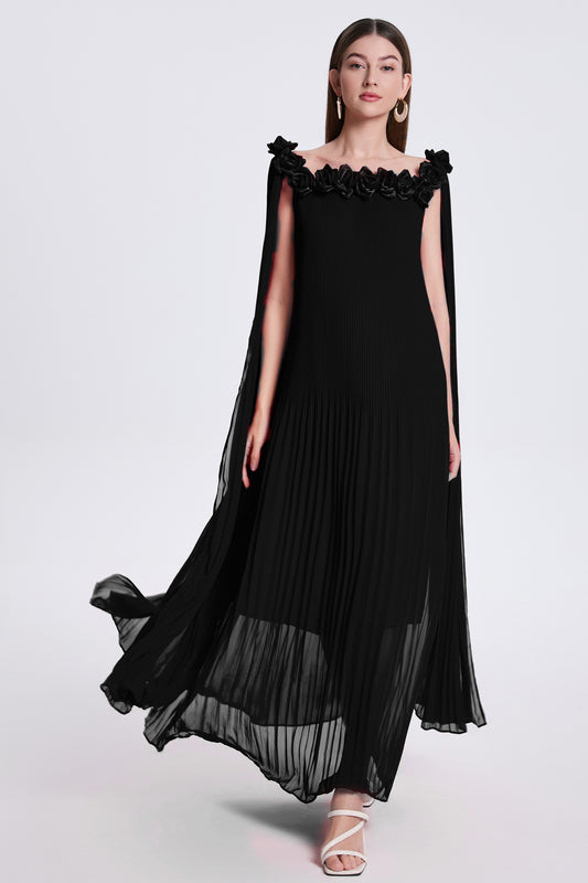 Women's Off Shoulder Chiffon 3D Floral Pleated Maxi Dress