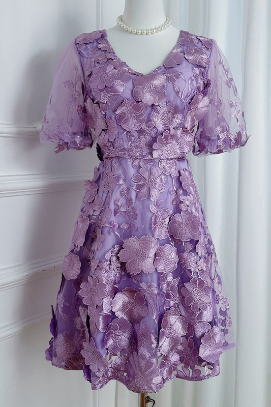 Women's 3D Floral Mesh V-Neck Lace Mini Dress