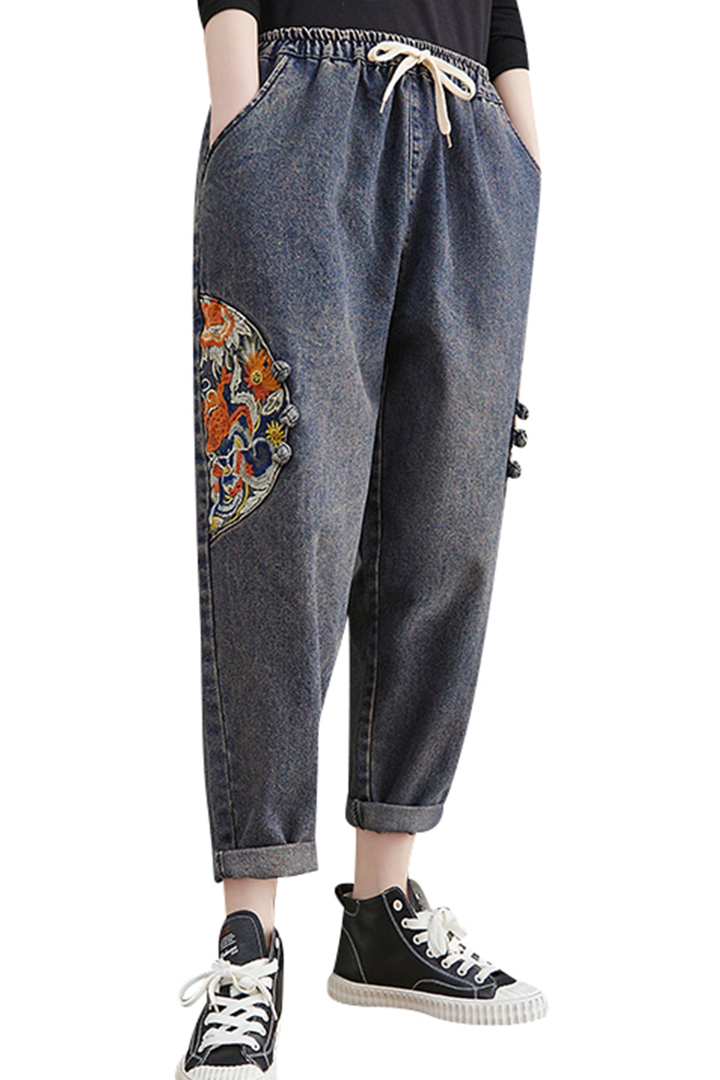 Women's Jeans Pattern Elastic Waist Casual Harem Pants With Pockets - LAI MENG FIVE CATS