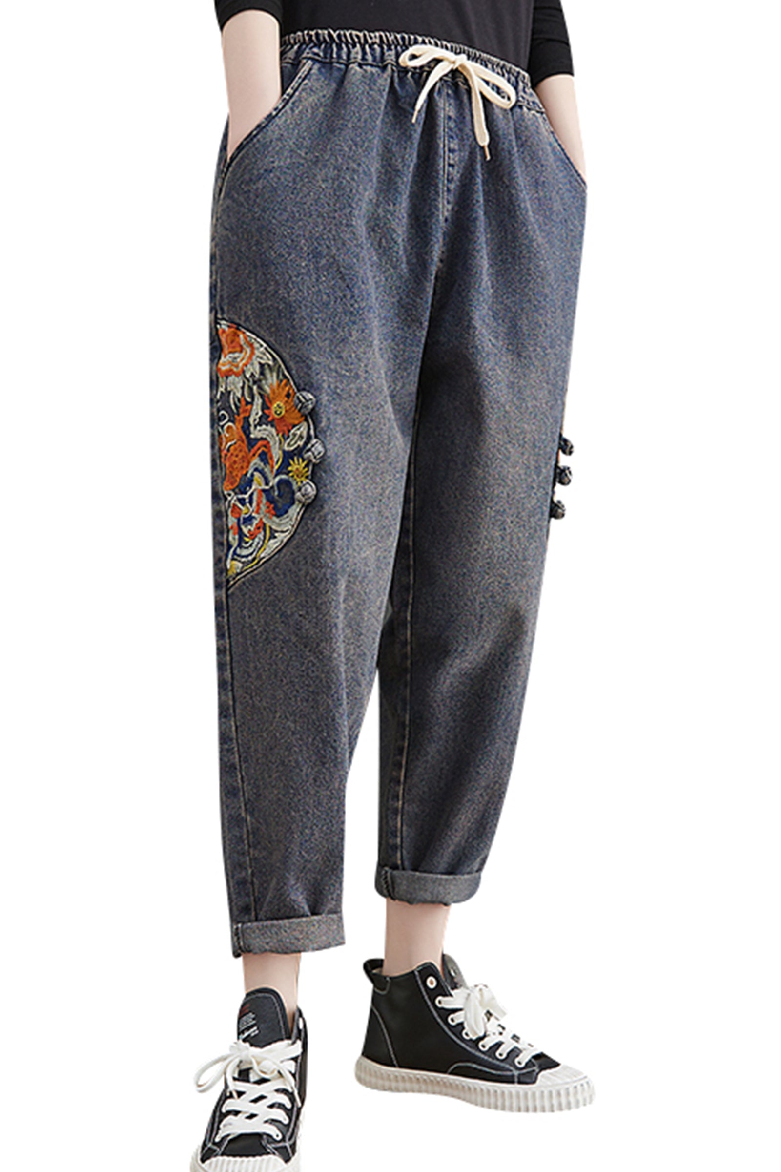Women's Jeans Pattern Elastic Waist Casual Harem Pants With Pockets - LAI MENG FIVE CATS