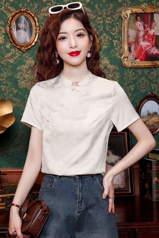 Women's Silk Satin Tops Button Jacquard Blouse
