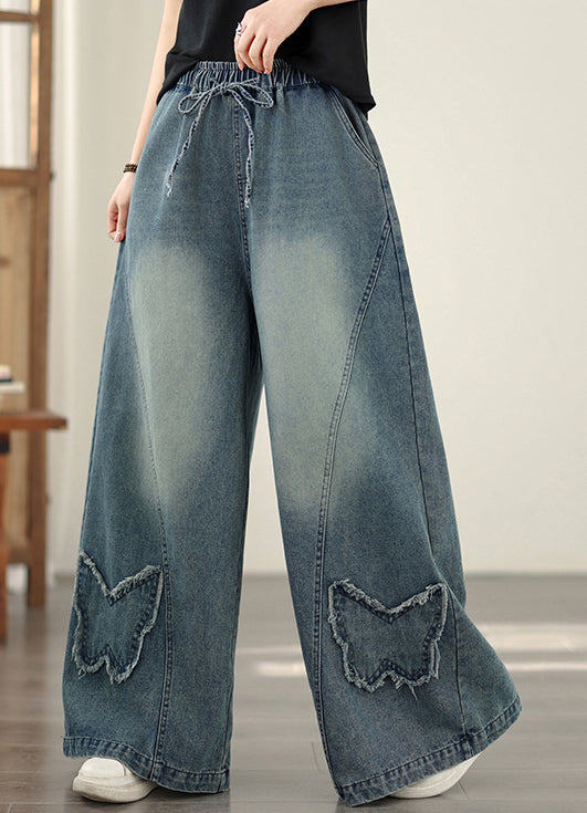Wide-Leg Drawstring Jeans with Butterfly Fringe Detail - LAI MENG FIVE CATS