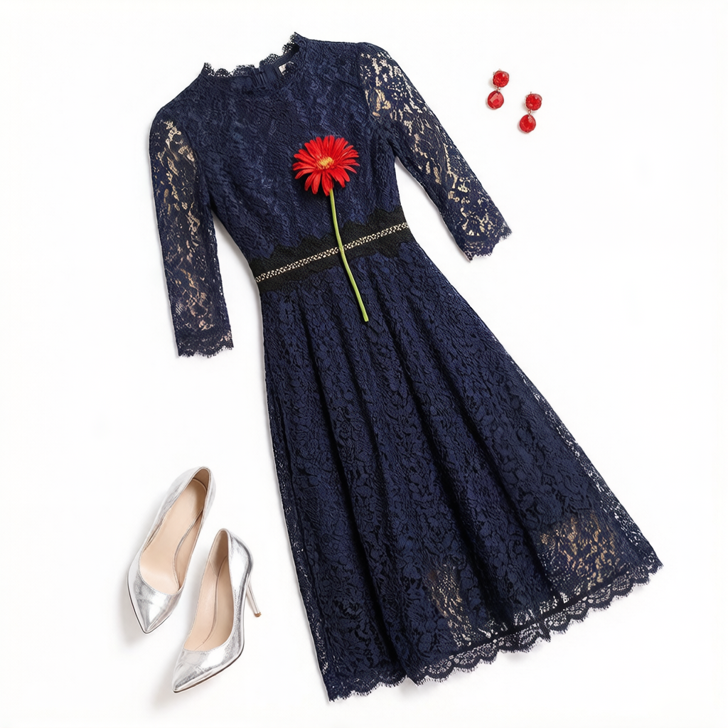 SSY-Women's 3/4 Sleeve Floral Lace Cocktail Midi Dress - LAI MENG FIVE CATS