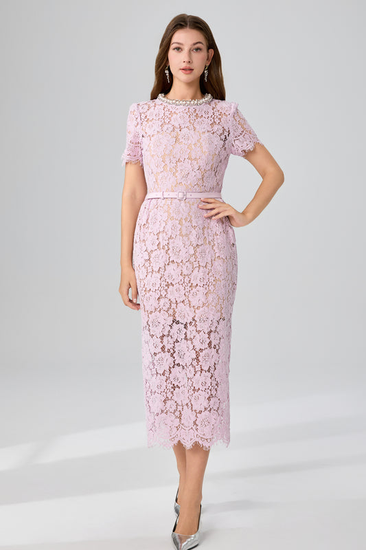 Women's Lace Short Sleeve Bodycon Slit  Midi Dress