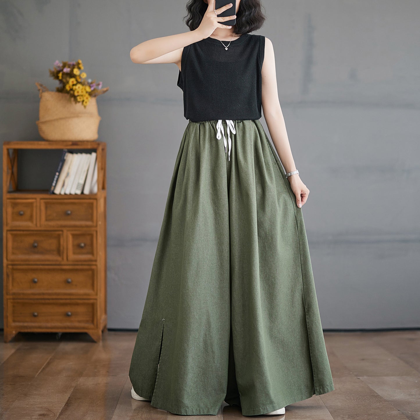 Women's Waisted Drawstring Side Slit Wide Leg Pants