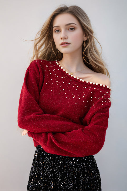 SD-Off Shoulder Shining Beads Pullover Sweater - LAI MENG FIVE CATS