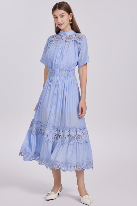 Women's Hollow-Out Lace Short Sleeve Pleats Maxi Dress