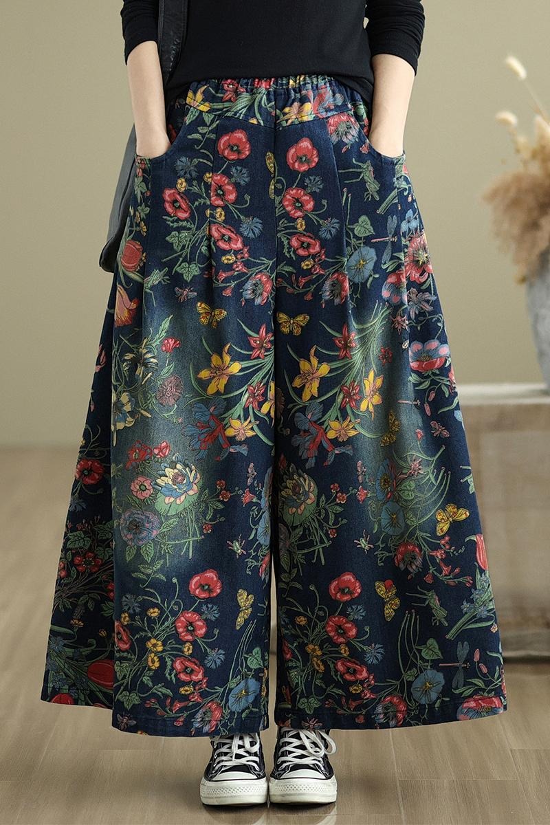 Floral Wide-Leg Denim Pants with Elastic Waist Jeans - LAI MENG FIVE CATS