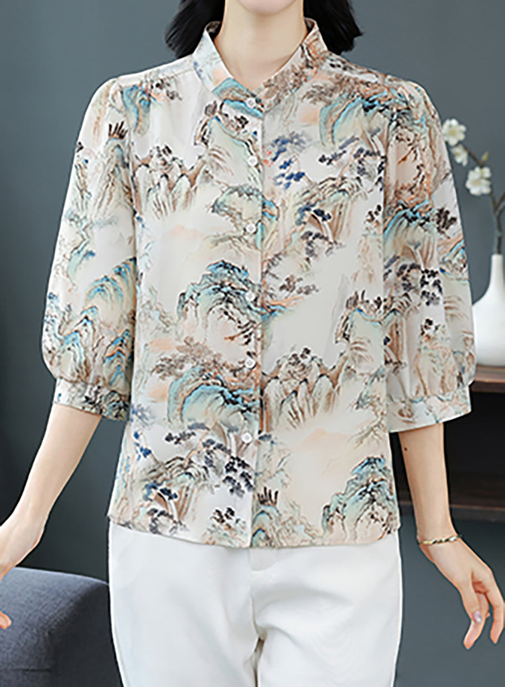 Landscape Print Mandarin Collar Blouse – Airy Luxe Summer Shirt - LAI MENG FIVE CATS