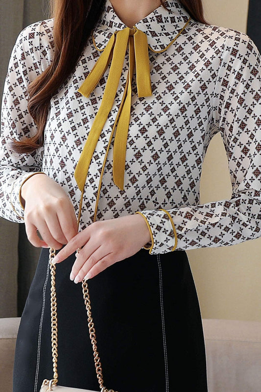 B20-Women's Tie Neck Floral Print Long Sleeve Blouse Top - LAI MENG FIVE CATS