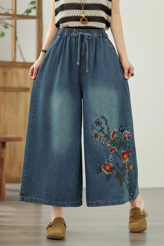 Women's Embroidery Elastic Waist Wide Leg Denim Pants
