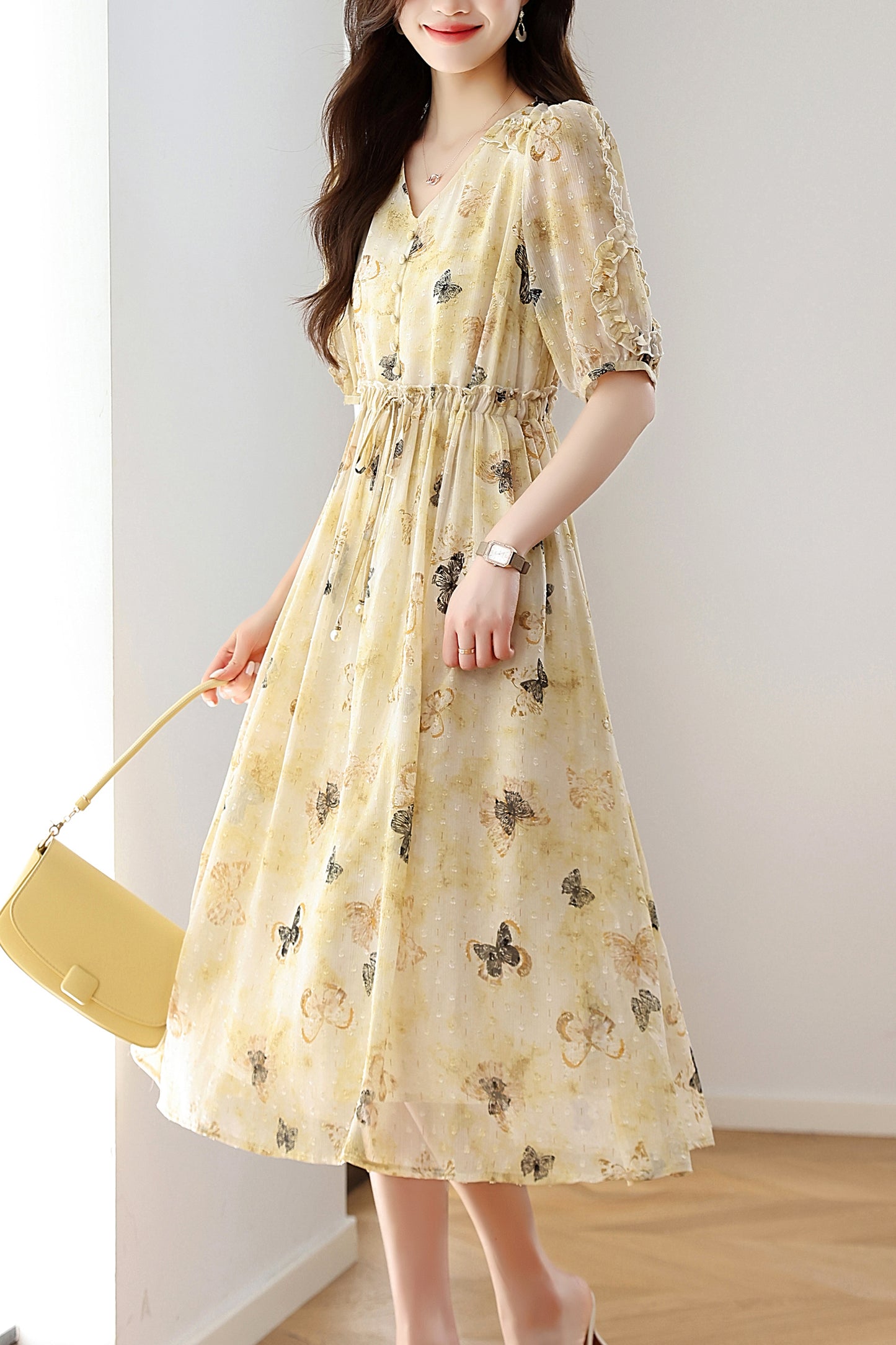 Women's Chffion V-Neck Floral Print Midi Dress