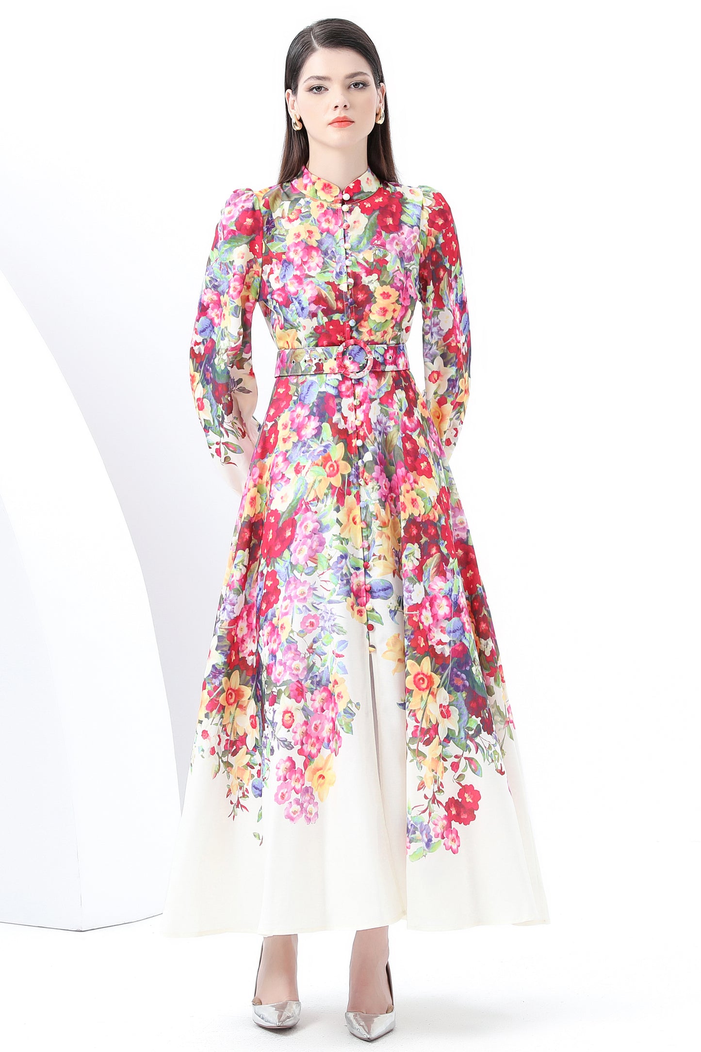 Women's Floral Print Lantern Sleeve Slit Maxi Dress